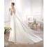 A Line Illusion Neckline Long Lace Sleeve Satin Wedding Dress With Detachable Train