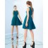 A Line Jewel Neckline Full Back Short Teal Satin Prom Dress Godet Skirt