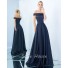 A Line Off The Shoulder Navy Satin Pleated Evening Prom Dress