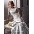 A Line Off The Shoulder Satin Ruched Wedding Dress With Short Sleeve Lace Jacket