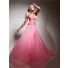 A Line One Shoulder Long Pink Chiffon Party Prom Dress With Beading