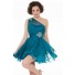 A Line One Shoulder Short Teal Blue Chiffon Cocktail Party Prom Dress