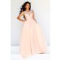 A Line Princess Bateau Illusion Neckline Long Peach Chiffon Beaded Evening Prom Dress