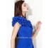 A Line Princess Cap Sleeve Long Royal Blue Chiffon Evening Dress With Flowers