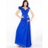 A Line Princess Cap Sleeve Long Royal Blue Chiffon Evening Dress With Flowers