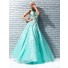 A Line Princess Halter Backless Long Aqua Taffeta Prom Dress With Lace Sequins