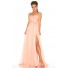 A Line Princess Long Peach Chiffon Beaded Homecoming Prom Dress With Straps
