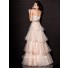 A Line Princess Strapless Long Nude Tulle Tiered Evening Dress With Ruffles