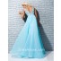 A Line Princess Straps V Neck Long Aqua Blue Chiffon Prom Dress With Beading