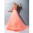 A Line Princess Sweetheart Long Coral Tulle Beaded Prom Dress With Sash Flowers