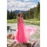 A Line Scoop Neck Open Back Long Hot Pink Tulle Beaded Prom Dress
