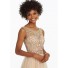 A Line Scoop Neck Open Back Long Champagne Tulle Beaded Prom Dress