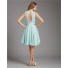 A Line Scoop Neck Open Back Short Light Blue Chiffon Bridesmaid Dress With Bow Sash