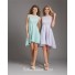 A Line Scoop Neck Open Back Short Light Blue Chiffon Bridesmaid Dress With Bow Sash