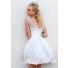 A Line Scoop Neck V Back Short White Tulle Lace Pearls Beaded Party Prom Dress