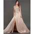 A Line Side Slit Long Light Peach Chiffon Beaded Prom Dress With Spaghetti Straps