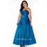 A Line Strapless Long Blue Taffeta Beaded Plus Size Evening Prom Dress
