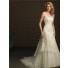 A Line Strapless Organza Lace Designer Wedding Dress With Train Buttons