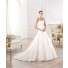 A Line Strapless Satin Wedding Dress With Buttons Lace Appliques