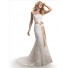A Line Strapless Scalloped Lace Wedding Dress With Gold Ribbon Crystal