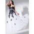 A Line Strapless Sweetheart White And Black Lace Applique Long Evening Prom Dress