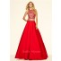 A Line Two Piece Long Red Satin Beaded Prom Dress