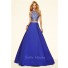 A Line Two Piece Long Royal Blue Satin Beaded Prom Dress