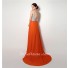 A Line V Neck Backless High Slit Long Orange Chiffon Beaded Prom Dress