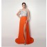 A Line V Neck Backless High Slit Long Orange Chiffon Beaded Prom Dress
