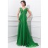 A Line V Neck Empire Waist Sheer Back Long Grass Green Chiffon Beaded Evening Prom Dress