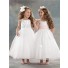 A-line Princess Scoop Tea Length White Tulle Designer Flower Girl Dress With Sash