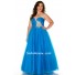A line Sweetheart Long Blue Tulle Beaded Plus Size Prom Dress Corset Back