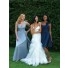 A line one shoulder knee length short navy blue silk bridesmaid dress with bow