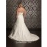 A line sweetheart sweep train lace plus size wedding dress with sash and buttons back