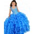 Ball Gown Cut Out Back Blue Organza Ruffle Beaded Puffy Girl Pageant Prom Dress