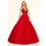 Ball Gown Deep V Neck Red Tulle Beaded Prom Dress