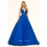 Ball Gown Deep V Neck Royal Blue Tulle Beaded Prom Dress