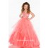 Ball Gown Halter Long Neon Coral Tulle Beaded Little Flower Girl Party Dress