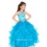 Ball Gown Halter Long Turquoise Blue Organza Ruffle Beaded Little Flower Girl Party Dress