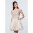 Ball Gown Ivory Tulle Beaded Illusion Back Short Prom Dress Sheer Straps