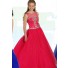 Ball Gown Round Neck Keyhole Back Hot Pink Tulle Beaded Teen Prom Dress