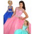 Ball Gown Round Neck Open Back Pink Organza Beaded Girl Pageant Dress