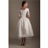 Ball Gown Short Sleeve Tea Length Lace Modest Wedding Dress