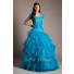 Ball Gown Square Neck Turquoise Organza Ruffle Modest Prom Dress With Sleeves