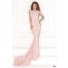 Bateau Neckline Low Back Light Pink Satin Beaded Evening Dress With Bow