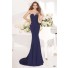 Charming Illusion Neckline Navy Blue Satin Beaded Evening Prom Dress With Bow