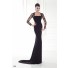 Charming Long Lace Sleeve Open Back Black Satin Evening Dress With Bows
