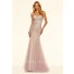 Charming Mermaid Strapless Corset Nude Satin Lilac Tulle Beaded Prom Dress