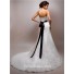Classic Slim A Line Strapless Lace Wedding Dress With Black Ribbon Crystal Sash