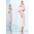 Column Off The Shoulder Tea Length Blush Pink Satin Ruffle Evening Dress